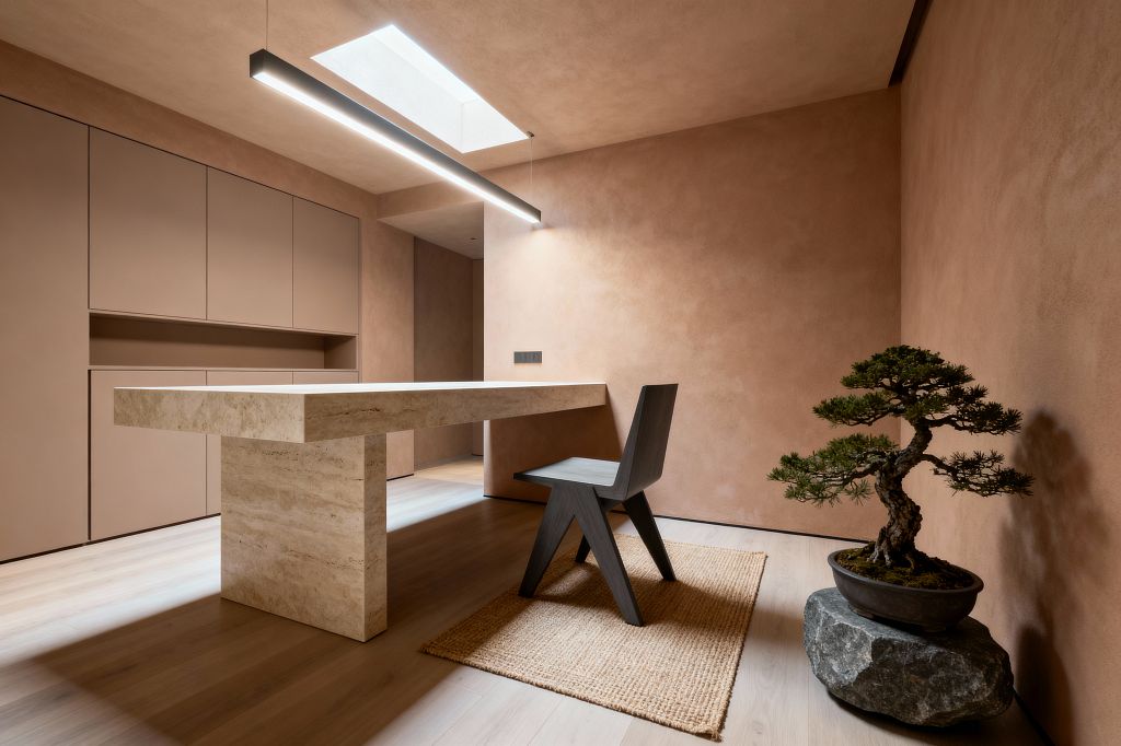 A minimalist home office features a monolithic travertine slab desk centered beneath a slim black linear pendant and a skylight. The walls are finished in warm terracotta plaster with matte taupe, handleless built-in cabinets on one side. Pale oak flooring holds a small jute rug and an angular dark wood chair, while a bonsai in a ceramic pot rests on a natural stone, adding an organic focal point.