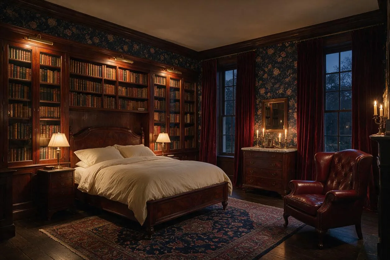 A dark academia bedroom with floor-to-ceiling wooden bookshelves built around a wooden bed, cream bedding, and warm bedside lamps. Deep red velvet curtains, floral wallpaper, a patterned rug, leather armchair, and candlelight create a rich, moody atmosphere.