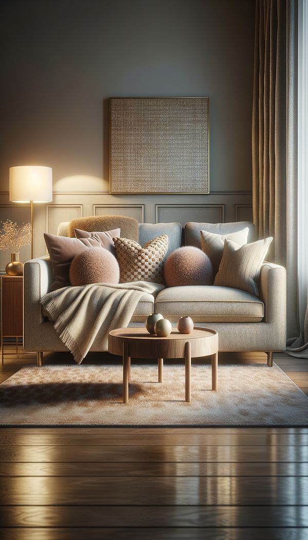 A cozy living room setting featuring a bouclé upholstered sofa with plush throw pillows, a polished wood coffee table, and a soft throw blanket casually draped over the back of the sofa. The room has a warm and inviting atmosphere with subtle contrasts in texture.