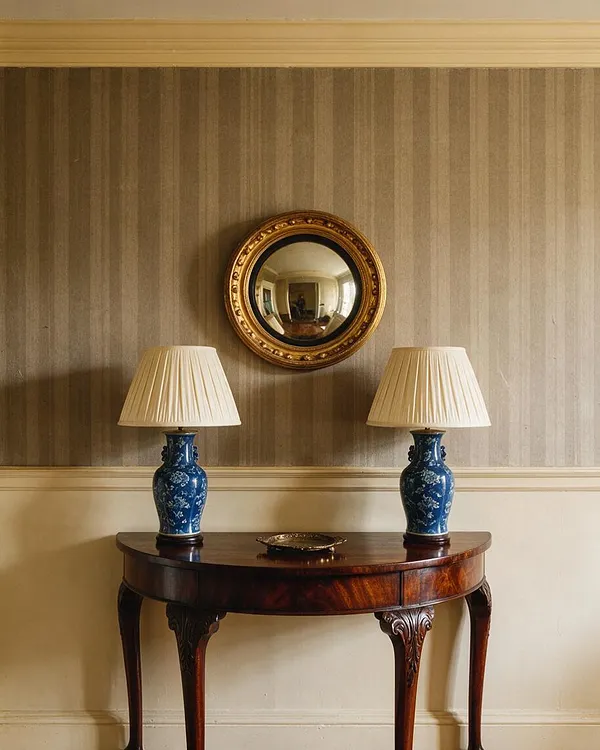 A Traditional entryway vignette with a polished dark wood demi-lune table against striped wallpaper and cream wainscoting. Two blue-and-white porcelain lamps with pleated ivory shades flank a small brass tray, while a round gilded mirror hangs centered above.
