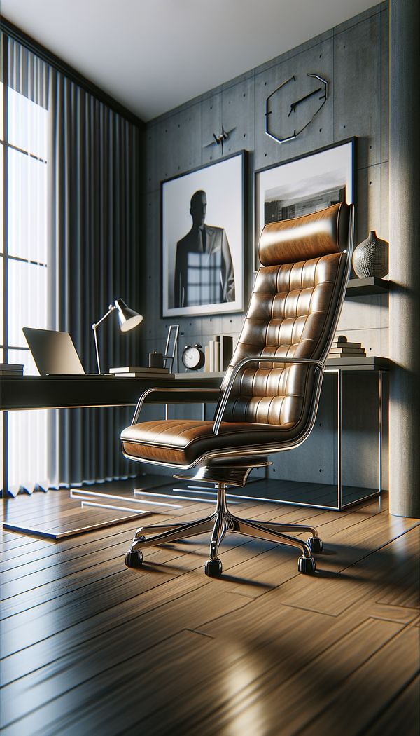 A stylish, modern home office featuring a high-back leather swivel chair with a chrome base, positioned in front of a sleek desk with a laptop and decorative items, showcasing the versatility and aesthetic appeal of swivel chairs in interior design.