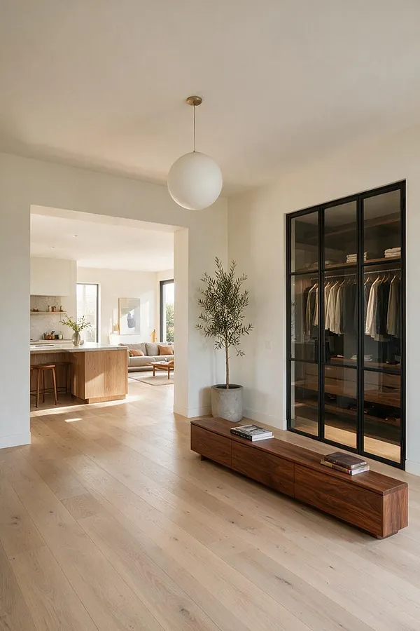 A modern entryway with light wood floors, white walls, a simple globe pendant, and a long walnut bench. A potted tree sits beside a black-framed glass closet displaying neatly hung clothing, while an open doorway leads to a bright living area and kitchen beyond.