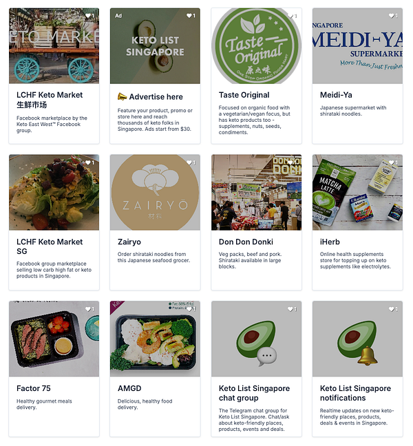 The image displays a grid of various advertisements and listings related to keto products and services in Singapore.
