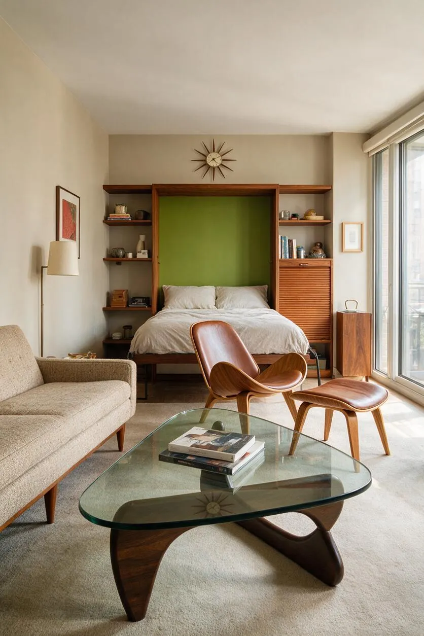 A compact studio apartment styled in mid-century modern design, featuring a walnut Murphy bed with a bright green back panel, built-in shelves, and a sunburst wall clock above. In the foreground are a beige sofa, a sculptural wooden lounge chair and ottoman, and a glass coffee table. Large windows on the right bring in soft natural light.