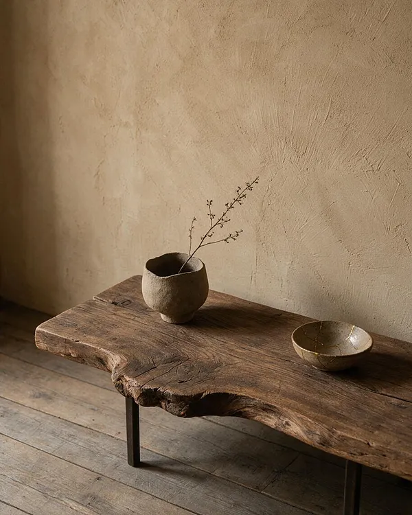 A minimalist Wabi-Sabi vignette with a rustic live-edge wooden table on slender black legs, set against a textured beige plaster wall and weathered wood floor. A small handcrafted ceramic cup with a delicate branch and a shallow bowl sit on the tabletop, emphasizing natural materials and quiet imperfection.