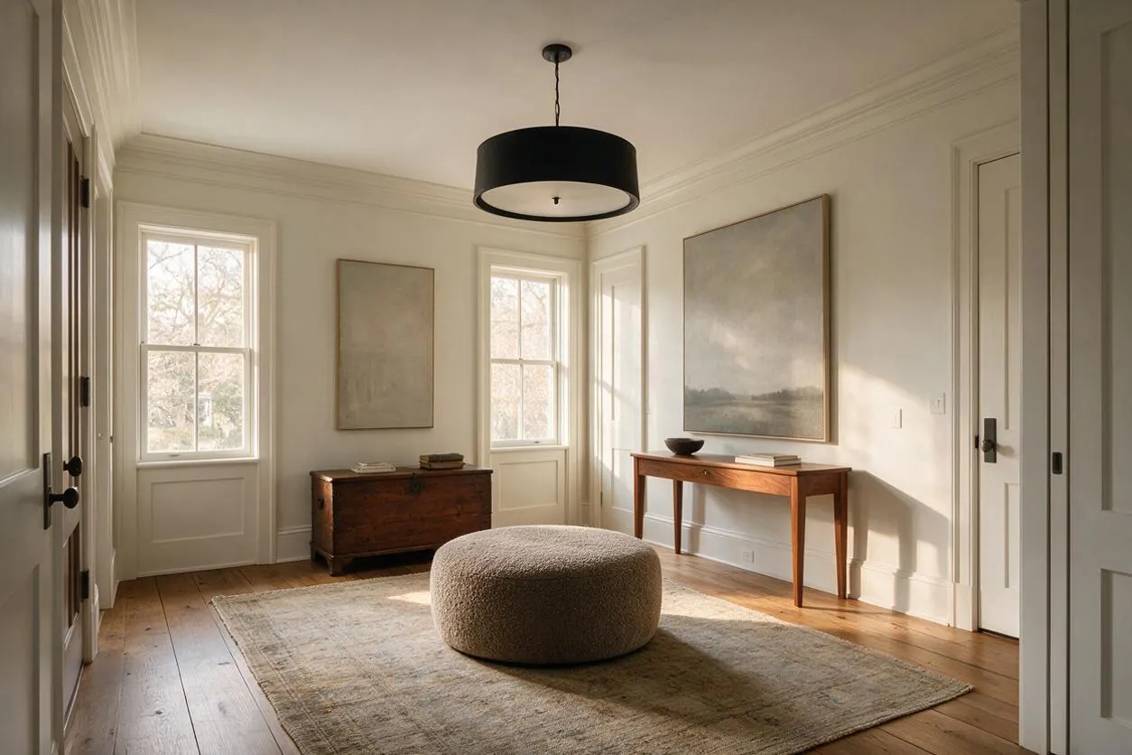 A bright transitional entryway with white walls, warm wood floors, and a large light rug centered by a round upholstered ottoman. The room includes a black drum pendant light, two windows, framed abstract art, a wooden console table, and a vintage chest, creating a calm and polished first impression.