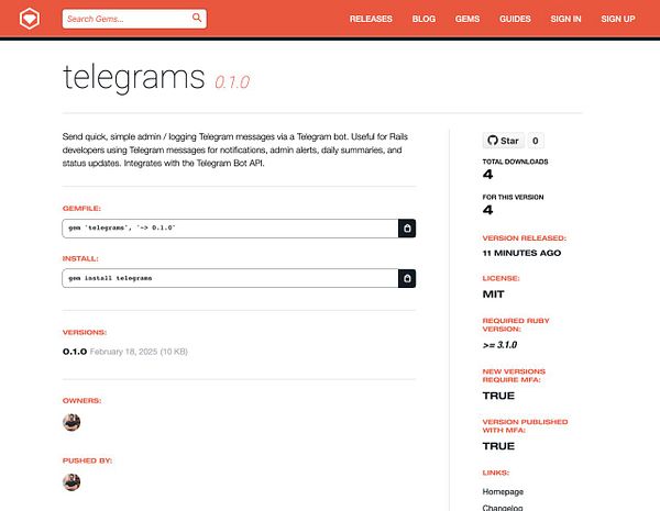 The image displays the RubyGems page for the 'telegrams' gem version 0.1.0.
