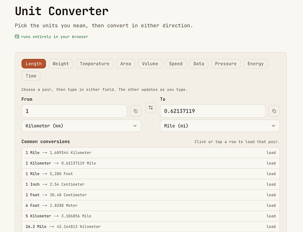 Screenshot of a unit conversion tool interface showing various unit categories and conversion inputs.