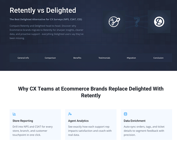 The image displays a comparison page for Retently and Delighted, highlighting features and benefits for CX teams.