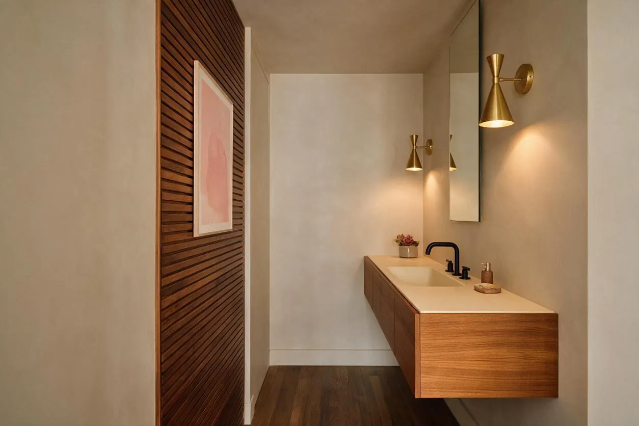 A narrow powder room features a floating walnut vanity with a cream countertop, black faucet, and rectangular mirror. Brass sconces cast a warm glow over soft beige walls, while a slatted wood accent panel with framed artwork adds mid-century character.