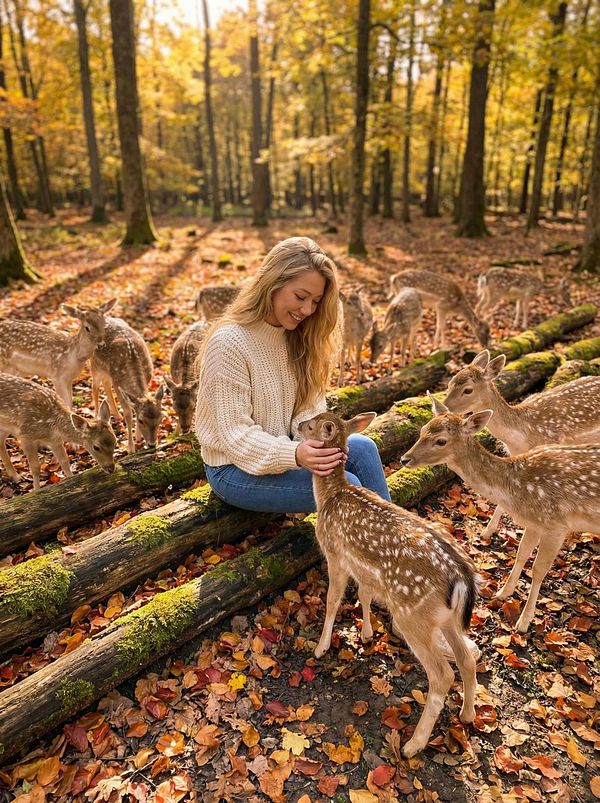 A woman interacts with a group of deer in a picturesque autumn forest setting.
