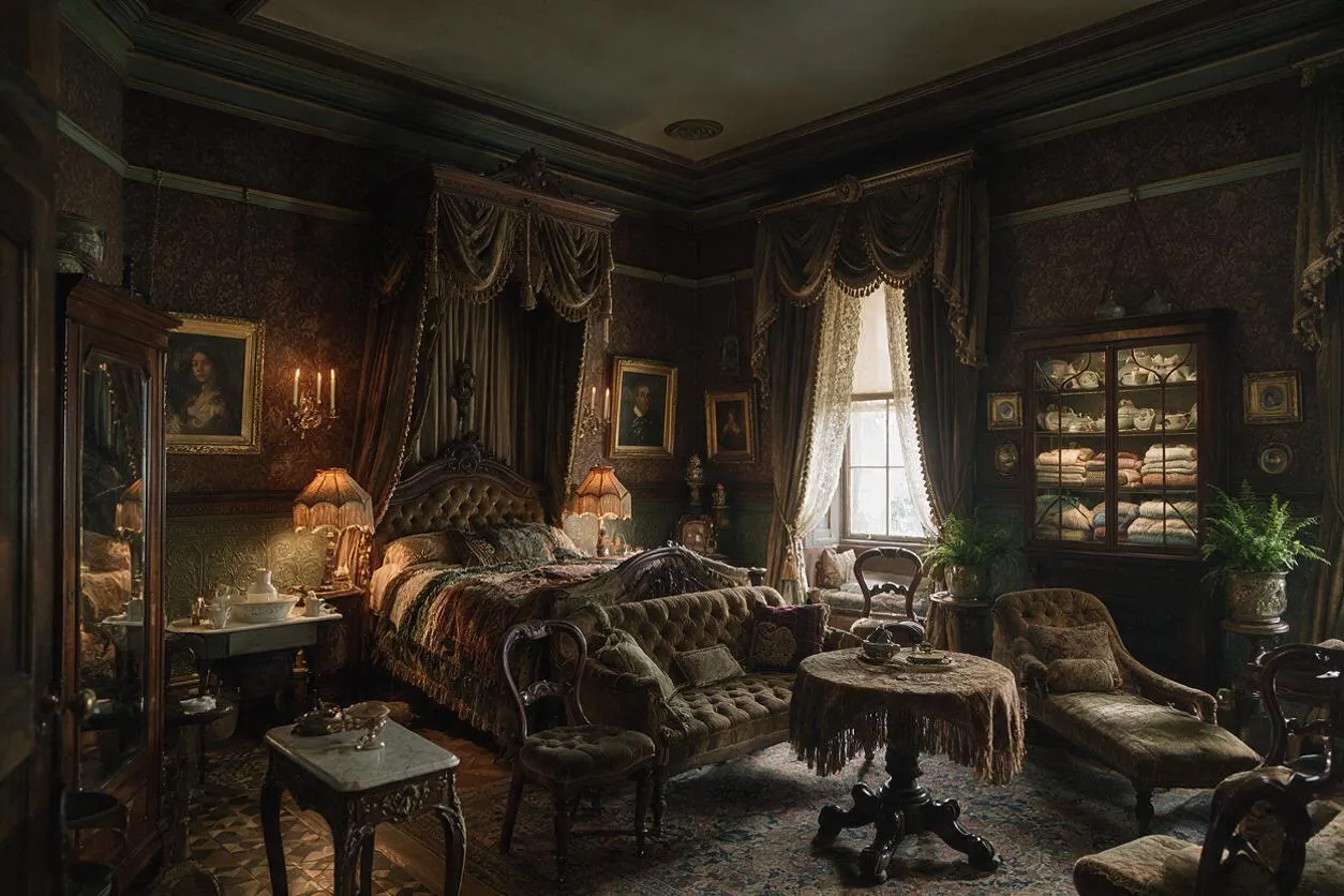 A dimly lit Victorian-style master bedroom with a carved wooden bed, tufted upholstery, heavy drapery, patterned wallpaper, and antique-style furniture. The room includes framed portraits, lace curtains, a glass-front cabinet with folded linens, table lamps, and a richly patterned rug.