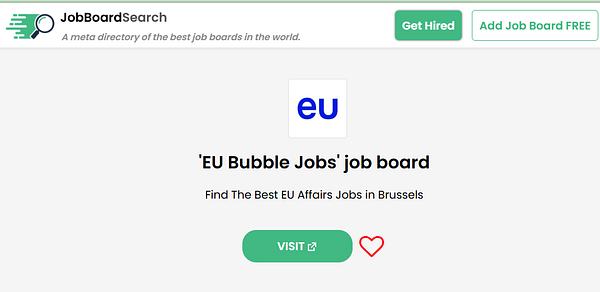 The image displays a job board listing for 'EU Bubble Jobs' on the JobBoardSearch platform.