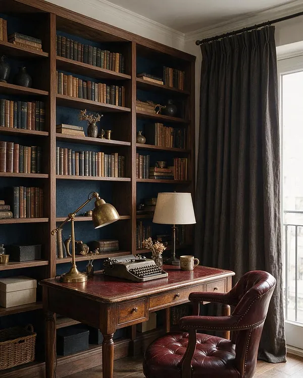 A Dark Academia living room with floor-to-ceiling wooden bookshelves filled with vintage books, centered around a worn wooden writing desk. A brass task lamp, typewriter, and cream-shaded table lamp add an antique study feel, while a burgundy leather armchair and heavy dark curtains by a bright window create a moody, scholarly atmosphere.