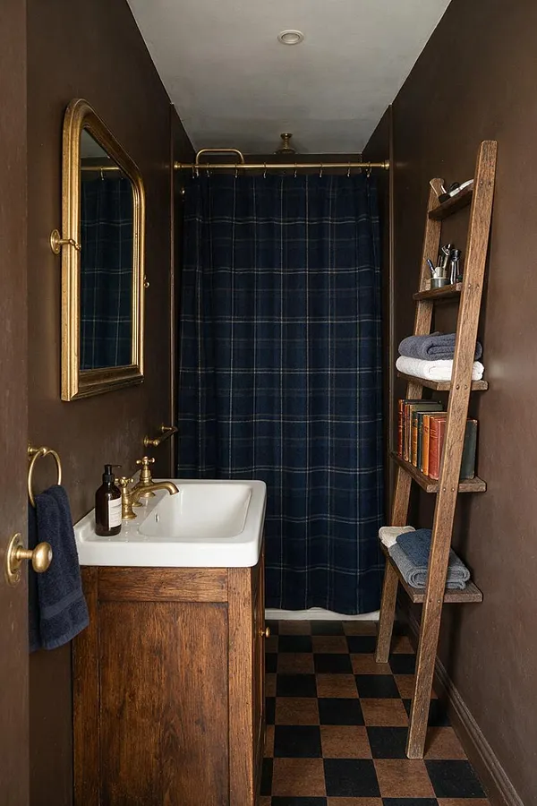 A narrow Dark Academia bathroom with dark brown walls, a white sink on a rustic wood vanity, and brass fixtures. A navy plaid shower curtain fills the back wall, while a ladder shelf on the right holds folded towels, books, and toiletries above a black-and-brown checkerboard floor.