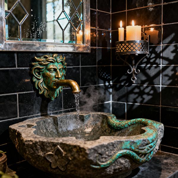 A moody bathroom features glossy black tile walls with pale grout, a deeply carved stone basin with serpentine motifs, and a patinated bronze lion face spout pouring steaming water. To the side, a wrought-iron wall sconce holds three lit pillar candles, casting patterned shadows, while a leaded-glass mirror with a silver-toned frame reflects the glow.