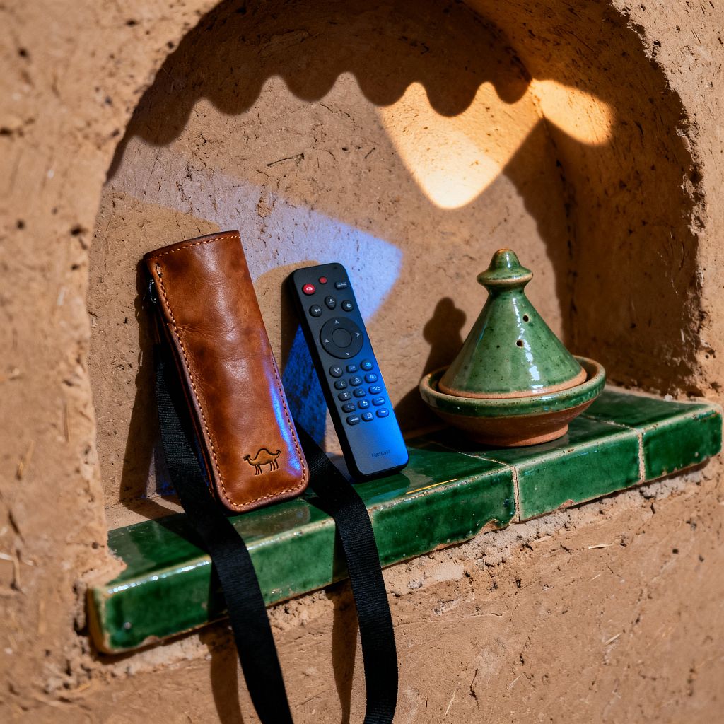 A close-up of an arched wall niche in a Moroccan-inspired media room. The niche is finished in warm, textured earthen plaster with a glossy green zellige-tiled shelf. On the shelf are a tan leather remote holder with a black strap, a black TV remote, and a small green-glazed ceramic tagine on a terracotta base. A scalloped shadow and a faint blue light animate the alcove, highlighting the handcrafted finishes.