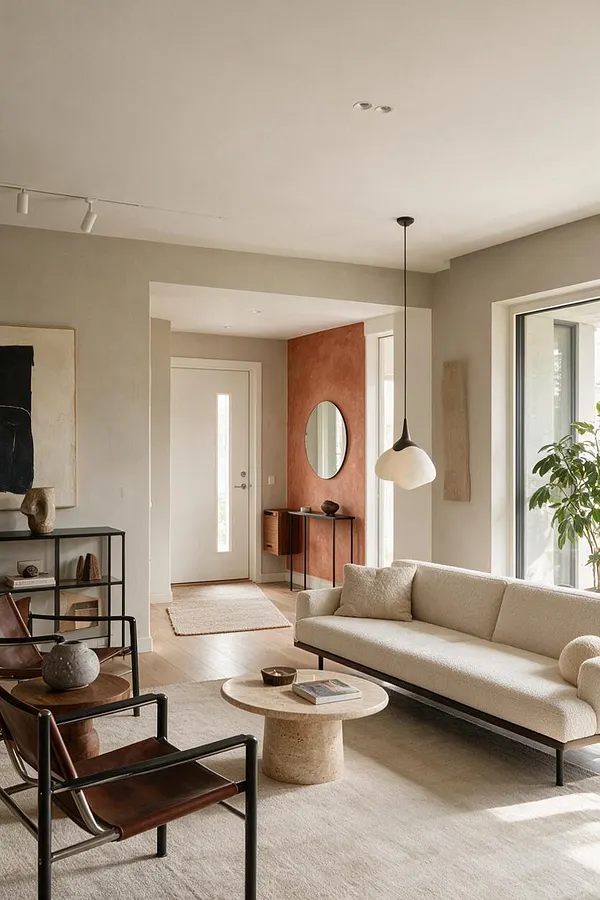 A modern entryway and sitting area with a cream sofa, black metal and leather chairs, and a round stone coffee table on a light rug. The space features a terracotta accent wall with a round mirror, a slim console, soft beige walls, and large windows bringing in natural light.