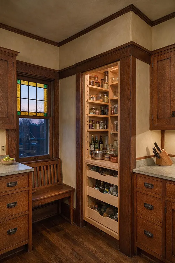 A Craftsman kitchen with rich wood cabinetry, a built-in bench beneath a stained glass window, and an open pantry revealed between the cabinets. The kitchen features beige walls, dark wood trim, stone countertops, and warm hardwood flooring.