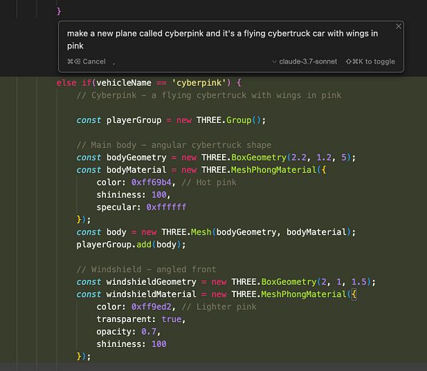 The image displays a code snippet for creating a flying pink Cybertruck in a programming environment.