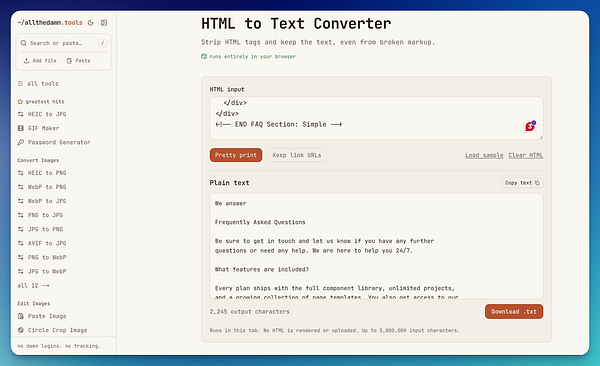 Browser window displaying the HTML to Text Converter tool on the alltheman.tools suite with sample HTML input and converted plain text output.