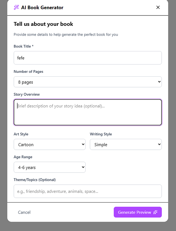 The image displays a user interface for an AI Book Generator tool.
