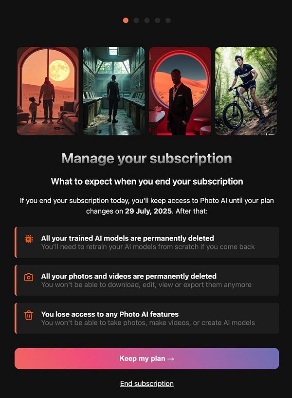 The image displays a subscription management interface for a photo AI service, highlighting the consequences of ending a subscription.