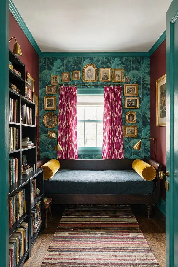 A narrow guest bedroom with deep teal trim, palm-print wallpaper, and burgundy side walls. A dark daybed with mustard velvet bolsters sits beneath a centered window framed by magenta curtains, while small gold-framed artworks create a dense gallery wall above the bed. A black bookcase lines the left side and a striped runner stretches along the wood floor.