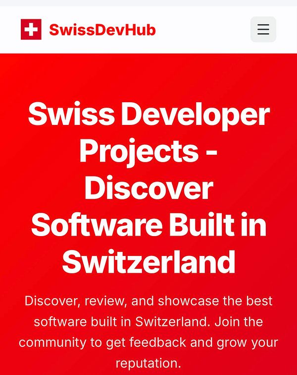 The image displays a webpage for SwissDevHub, highlighting Swiss developer projects and software.