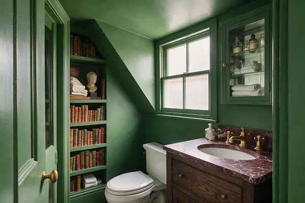 A compact powder room painted deep green, featuring a dark wood vanity with a burgundy marble countertop, brass faucet, and round sink. Built-in shelves beside the toilet hold old books, folded towels, and a classical bust, while a small frosted window and glass-front medicine cabinet add light and storage.