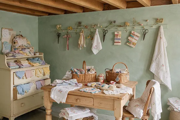 A cozy basement craft room with sage green walls, exposed wooden ceiling beams, and a rustic pine table covered in handmade textiles. Wicker baskets, folded fabric, embroidered linens, and hanging dried flowers create a soft cottagecore workspace.