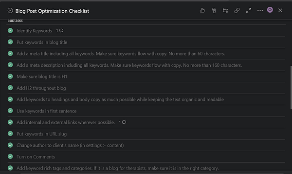 A checklist for optimizing a blog post is displayed, showing completed tasks.