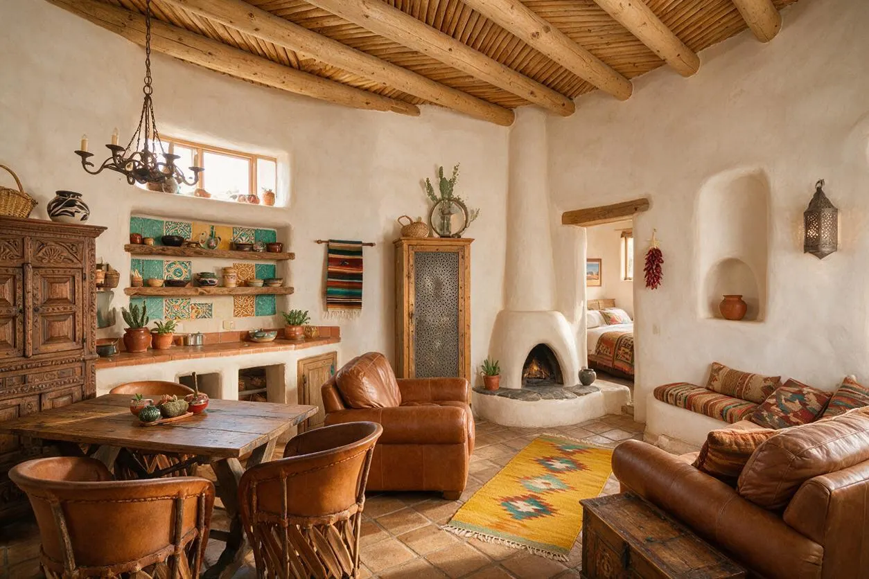 A cozy studio apartment with white adobe-style walls, exposed wood ceiling beams, terracotta floor tiles, and a small kiva-style fireplace. The room includes leather seating, a rustic wood dining table, woven textiles, open shelves with pottery, and colorful Southwestern accents throughout.