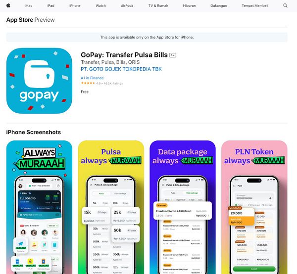 The image displays the App Store page for the GoPay app, showcasing its features and screenshots.