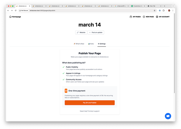 The image displays a webpage for publishing a page on the site 'whatsnew.co'.