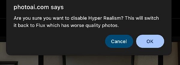A confirmation dialog box prompts the user about disabling Hyper Realism.