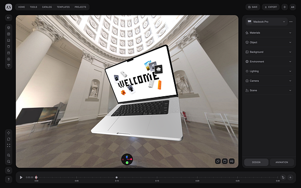 A 3D modeling interface displays a laptop with a 'WELCOME' message in a virtual environment.