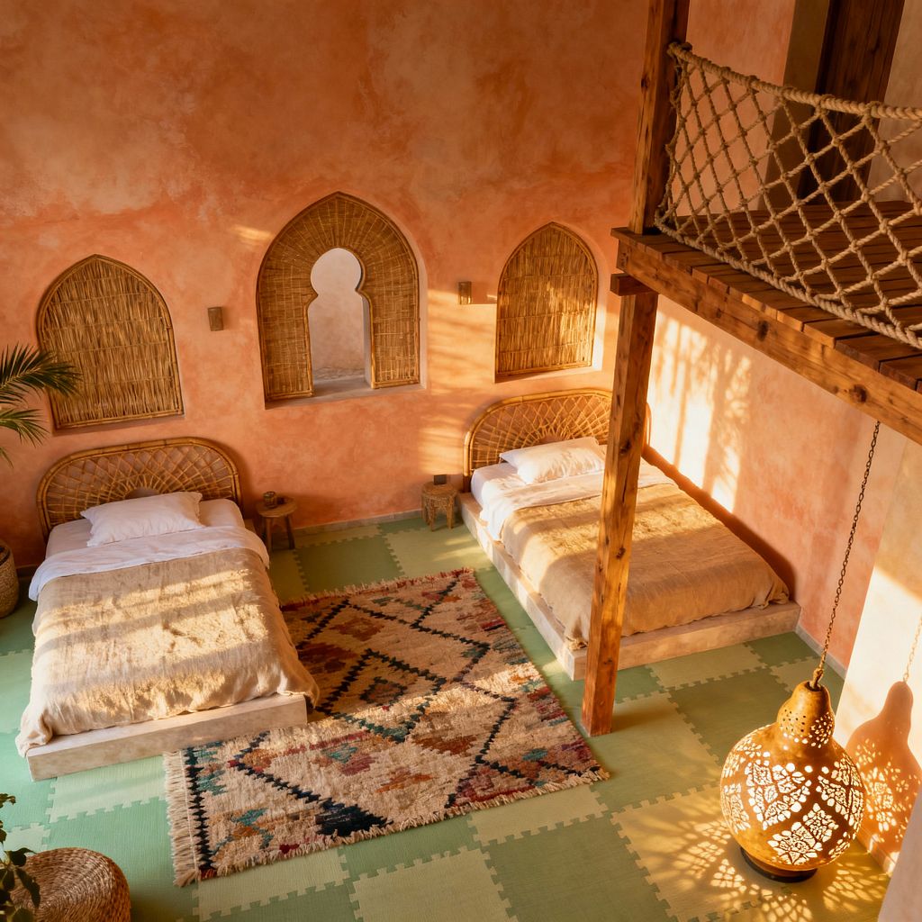 A warm, sunlit kids’ room with two low beds and curved rattan headboards set against terracotta limewashed walls. Three arched niches, one open in a keyhole shape and two filled with woven rattan panels, frame the beds. A sage and mint interlocking foam floor is layered with a multicolored Berber rug. A wood loft with jute rope netting stands at right, and a perforated brass lantern casts patterned light across the space.