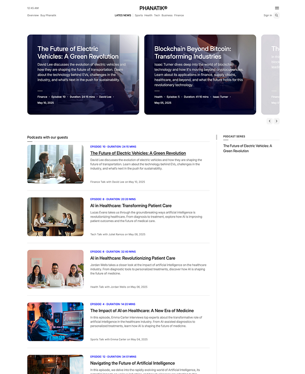 The image displays a webpage layout for Phanatik, featuring podcast episodes on various topics.