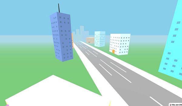 A stylized, low-poly cityscape featuring colorful buildings and a wide road.