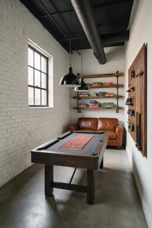 A narrow industrial-style game room with a pool table centered on a polished concrete floor, white painted brick walls, and a large black exposed ceiling duct. Two black pendant lights hang above the table, with open wood-and-pipe shelves holding board games behind a tan leather sofa and cue rack mounted on the right wall.