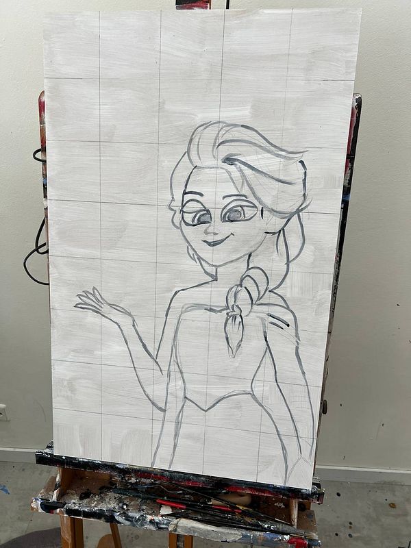 A partially completed acrylic painting of a character on a canvas.