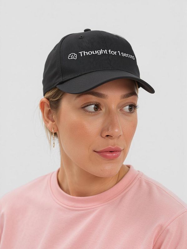 A woman is wearing a black cap with the phrase 'Thought for 1 second' embroidered on it.