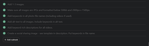A task list for optimizing a blog post with completed items highlighted.