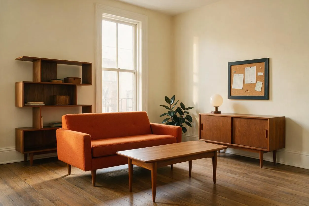 A bright mid-century modern game room with an orange upholstered sofa, a low walnut coffee table, and matching walnut shelving and sideboard. Cream walls, a tall window, a small plant, and a framed cork board create a clean, sunlit, and curated atmosphere.