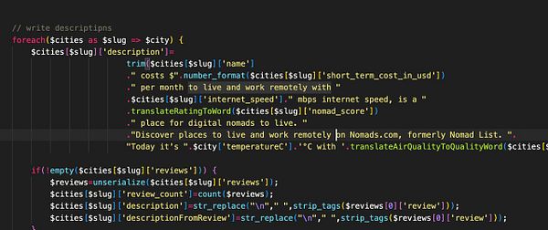 The image displays a code snippet written in PHP for generating city descriptions for digital nomads.