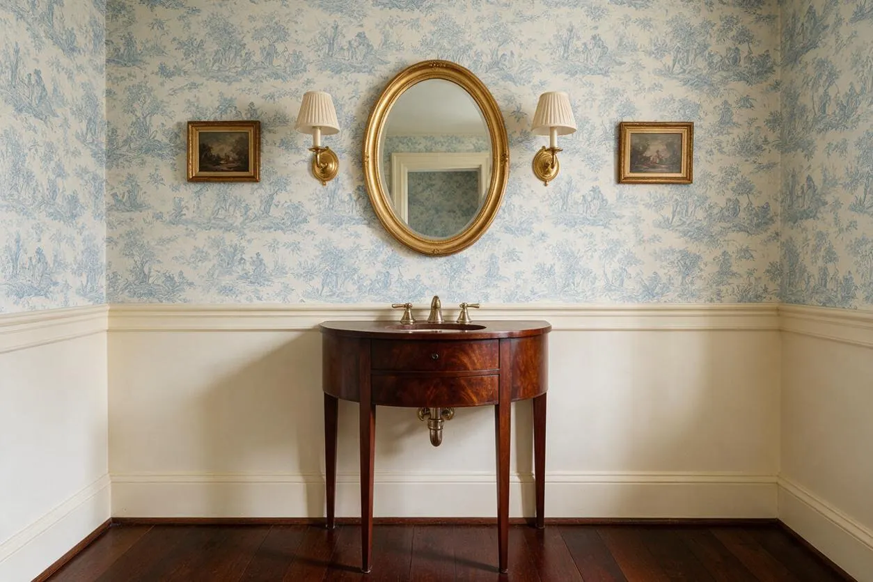 A traditional powder room with pale blue toile wallpaper above cream wainscoting, a dark wood pedestal vanity, and a round gold-framed mirror centered on the wall. Matching brass wall sconces with cream shades flank the mirror, and small framed artworks add symmetry and a classic, refined feel.