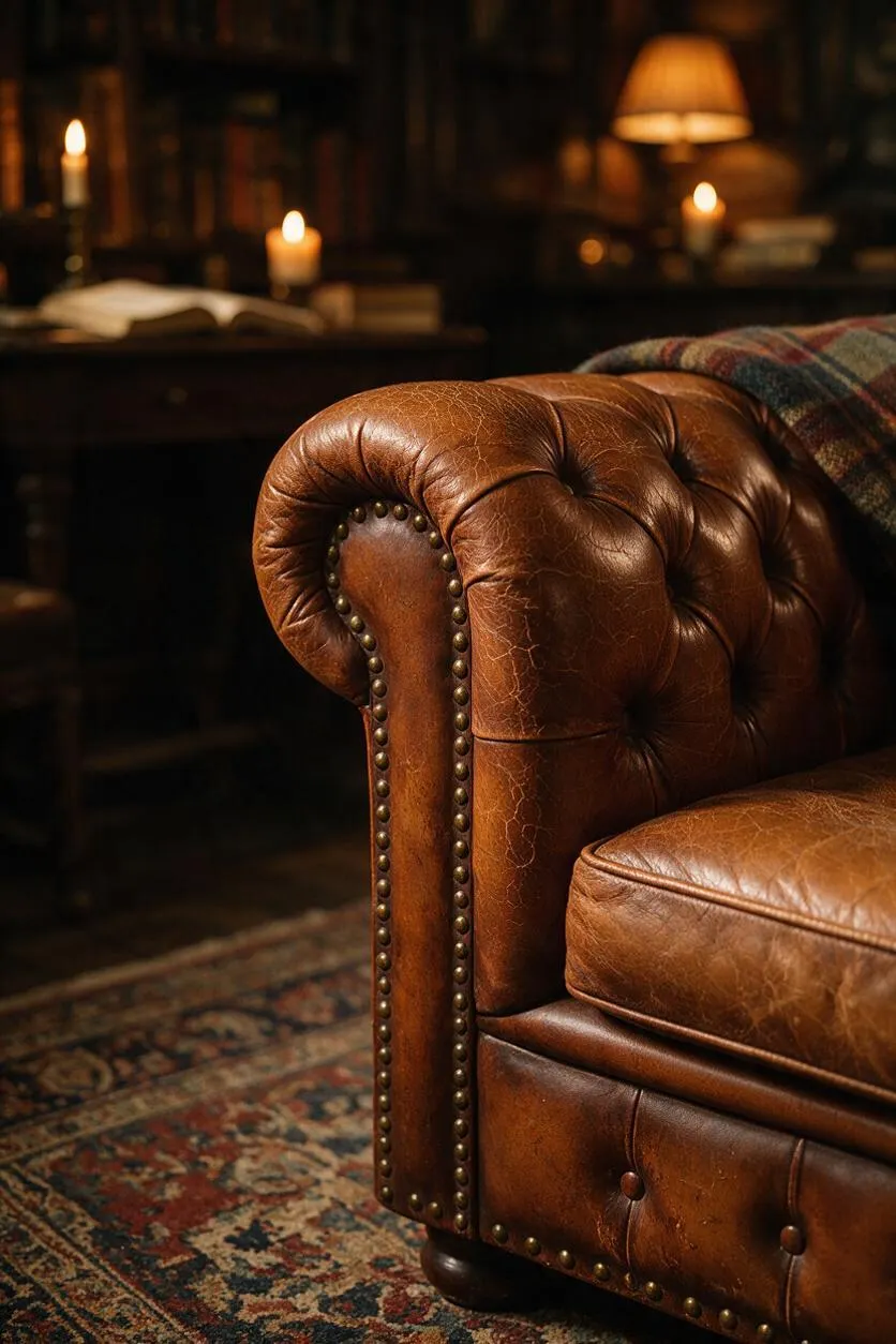 A close-up view of a brown tufted leather Chesterfield sofa arm in a dimly lit study. Brass nailhead trim, worn leather texture, and a patterned rug sit in the foreground, while candles, books, and a warm lamp glow softly in the background.