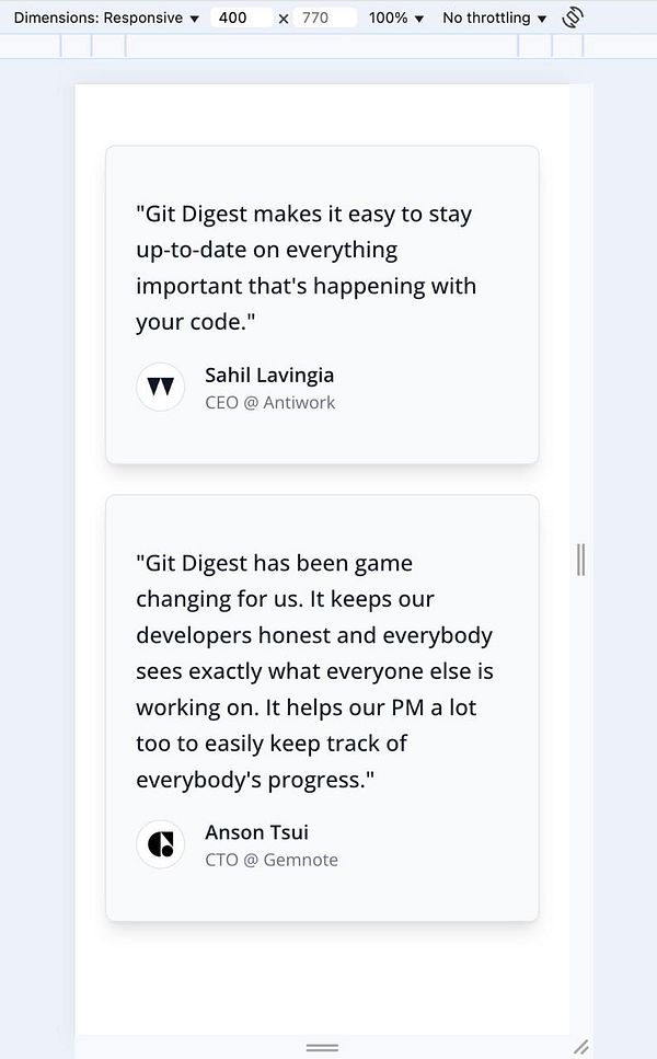The image displays a responsive design layout featuring testimonials from two individuals about Git Digest.