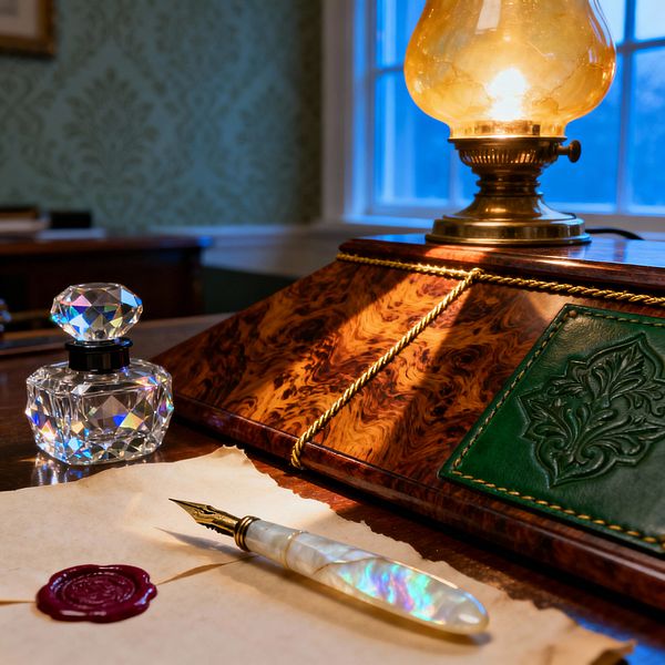 A close-up of a Victorian-style writing desk shows a polished burl-wood blotter with gilt rope trim and a green tooled leather panel, lit by a brass lamp with an amber glass globe. Beside a cut-crystal inkwell rests parchment sealed with burgundy wax and a mother-of-pearl dip pen, with green damask wallpaper, white wainscoting, and a window softly visible in the background.
